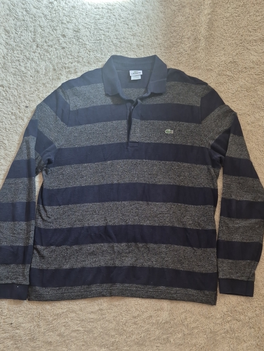LACOSTE Rugby Stripe Polo 3X Euro 9 Navy+charcoal Long Sleeve Preppy Golf Shirt